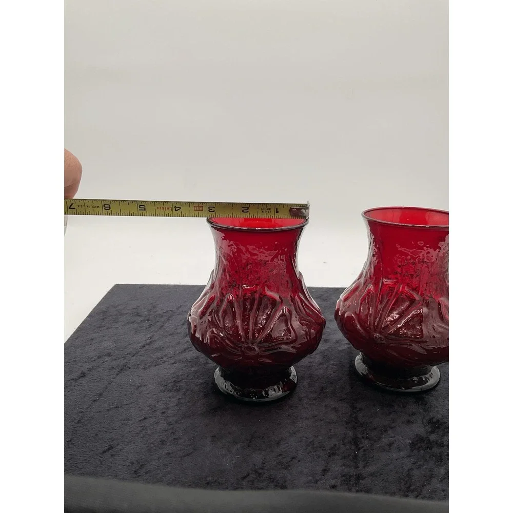 2 VIntage Royal Ruby Red Rainflower Anchor Hocking Mid Century Vases 1950s